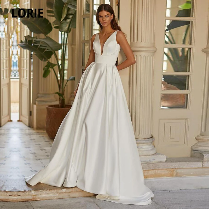 LORIE Elegant Wedding Dresses with Pockets A-Line Satin V-Neck Satin Wedding Gowns Custom Made Bride Dress vestido de noiva 2020
LORIE Elegant Wedding Dresses with Pockets A-Line Satin V-Neck Satin Wedding Gowns Custom Made Bride Dress vestido de noiva 2020