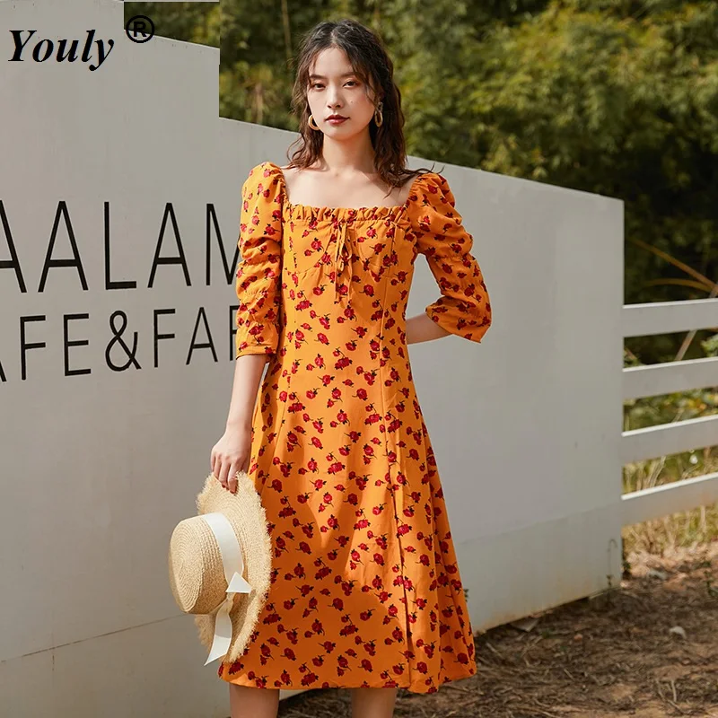 Vintage Ruffles Split Half Sleeve Floral Print Square Collar Dress Women 2021 Casual French Romantic Sexy Lady Midi Party Dress
Vintage Ruffles Split Half Sleeve Floral Print Square Collar Dress Women 2021 Casual French Romantic Sexy Lady Midi Party Dress