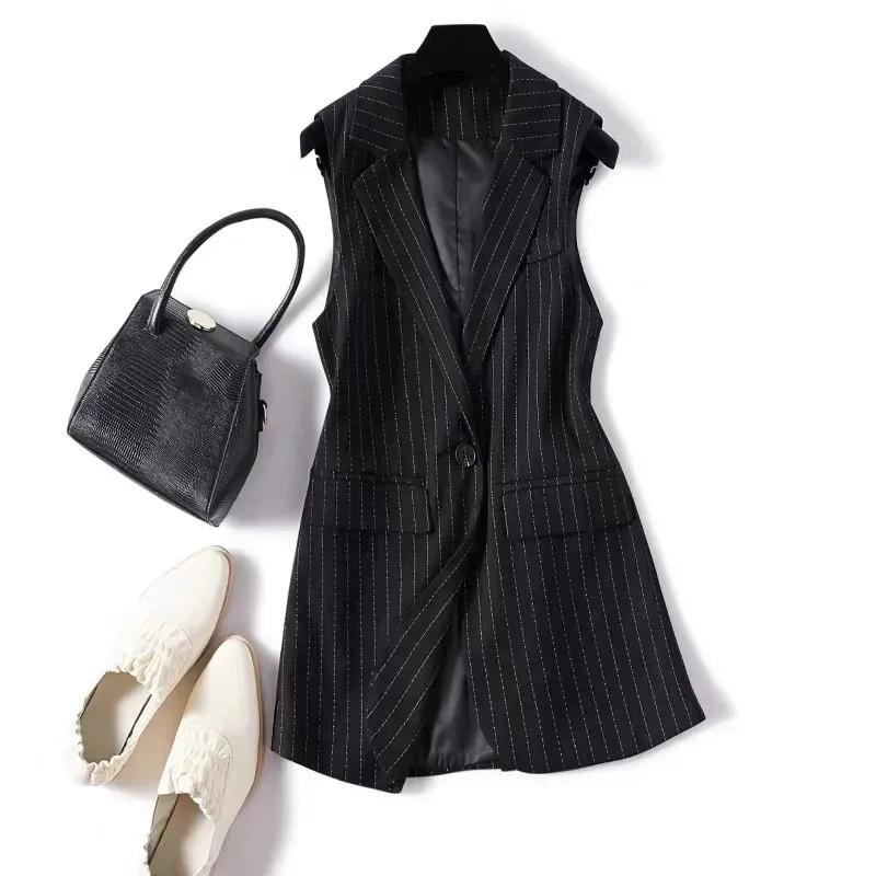 Women Vest Jacket 2021 New Korean Striped Suit Collar Sleeveless Mid Long Waistcoat Lady Vest Spring Autumn Jacket Female Tops
Women Vest Jacket 2021 New Korean Striped Suit Collar Sleeveless Mid Long Waistcoat Lady Vest Spring Autumn Jacket Female Tops