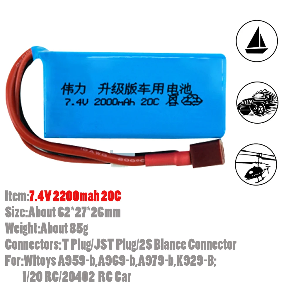 1Pcs/lot 7.4V 2000mah 20C Lipo Battery With T/JST Plug Connectors For 1:20 RC Car Wltoys A959-b A969-b A979-b K929-B Model Toys
1Pcs/lot 7.4V 2000mah 20C Lipo Battery With T/JST Plug Connectors For 1:20 RC Car Wltoys A959-b A969-b A979-b K929-B Model Toys