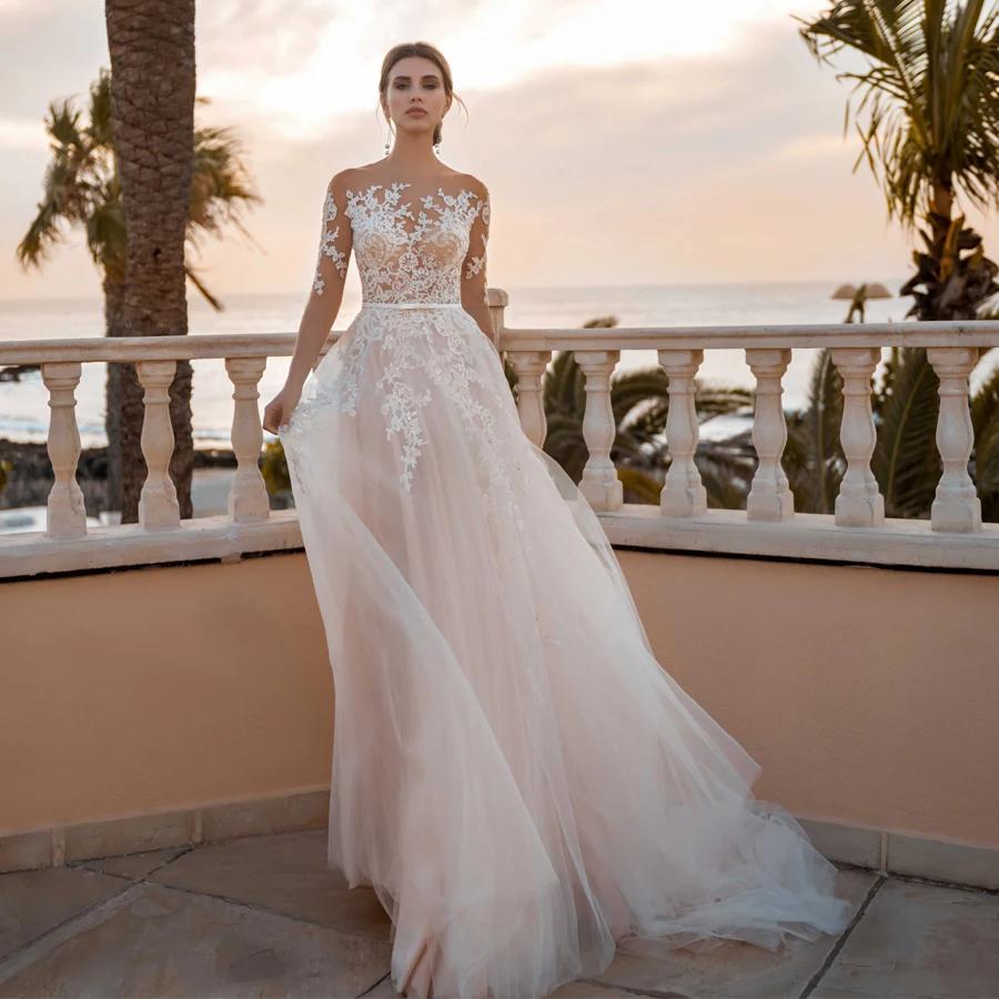 Half Sleeves Blush Color Tulle Wedding Dress with See Through Lace Applique Button Sexy Bridal Dress vestidos de casamento
Half Sleeves Blush Color Tulle Wedding Dress with See Through Lace Applique Button Sexy Bridal Dress vestidos de casamento