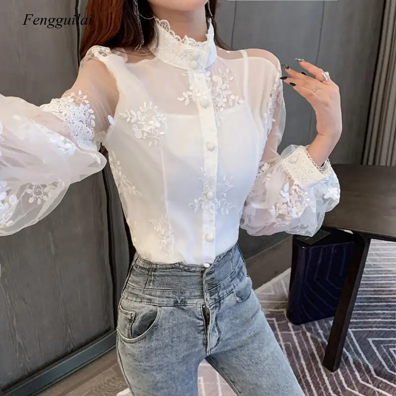 Lady Retro Mesh Lace Tops Women's Stand Collar Embroidered Long Lantern Sleeve Court Slim Shirt Elegant Blouse Shirt
Lady Retro Mesh Lace Tops Women's Stand Collar Embroidered Long Lantern Sleeve Court Slim Shirt Elegant Blouse Shirt