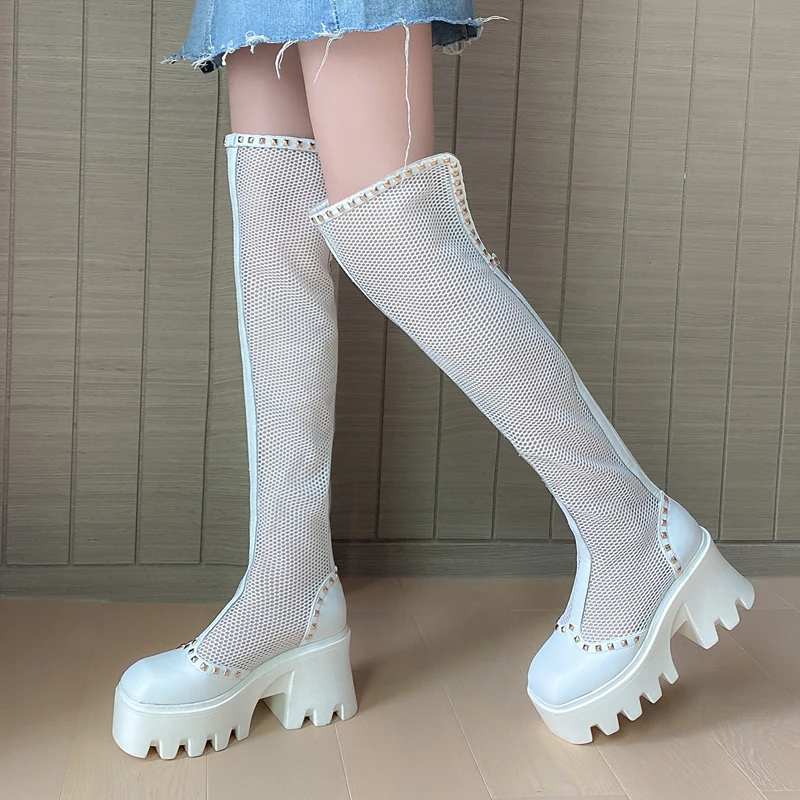 Over The Knee Boots White Mesh Breathable Cool Boots Flat Platform Rivet Fashion Square Toe High Heels Chelsea Boots Shoes Woman
Over The Knee Boots White Mesh Breathable Cool Boots Flat Platform Rivet Fashion Square Toe High Heels Chelsea Boots Shoes Woman