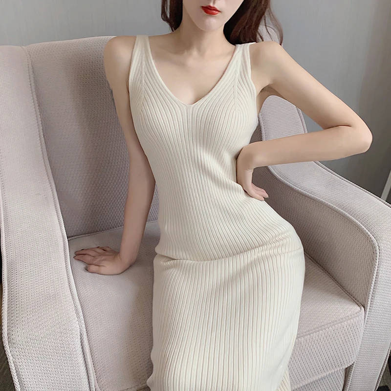 Summer Korean Women Solid Knitted A-Line Mid-Calf Dress Casual Sleeveless Tank V-Neck Elegant Ladies Slim Dresses Vestidos
Summer Korean Women Solid Knitted A-Line Mid-Calf Dress Casual Sleeveless Tank V-Neck Elegant Ladies Slim Dresses Vestidos