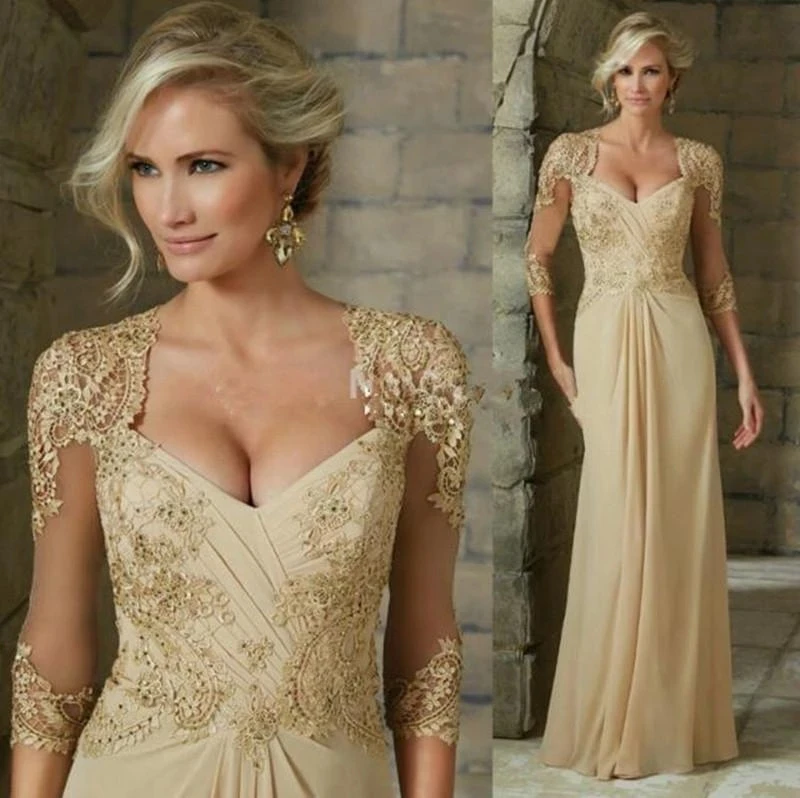 Champagne Mother Of The Bride Dresses A-line V-neck 3/4 Sleeves Chiffon Appliques Beaded Long Groom Mother Dresses For Wedding
Champagne Mother Of The Bride Dresses A-line V-neck 3/4 Sleeves Chiffon Appliques Beaded Long Groom Mother Dresses For Wedding