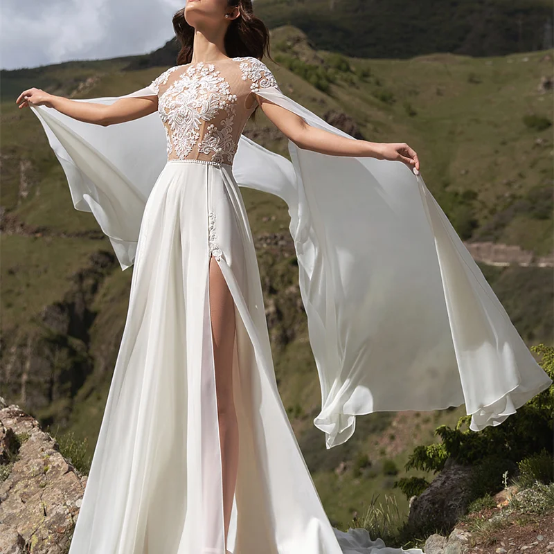 Bateau Neck Chiffon Wedding Bride Dress 2021 Lace High Split Champagne Bridal Gown With Cape Custom Made Plus Size
Bateau Neck Chiffon Wedding Bride Dress 2021 Lace High Split Champagne Bridal Gown With Cape Custom Made Plus Size