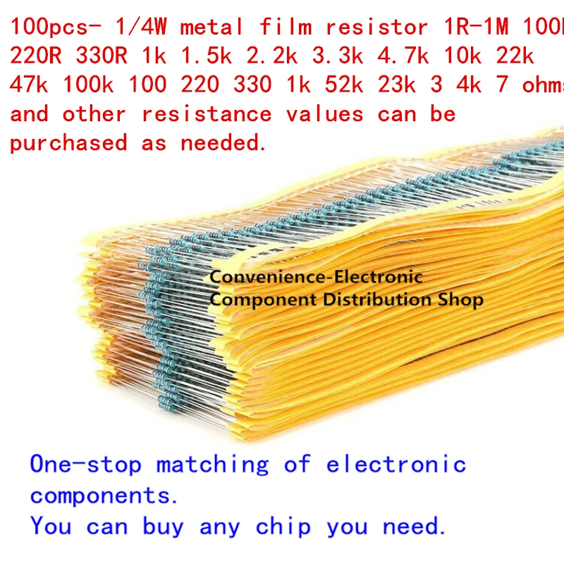 100Pcs 100ohm 1/4w 1% Metal film resistor plug-in with various specifications can be purchased in the store.
100Pcs 100ohm 1/4w 1% Metal film resistor plug-in with various specifications can be purchased in the store.