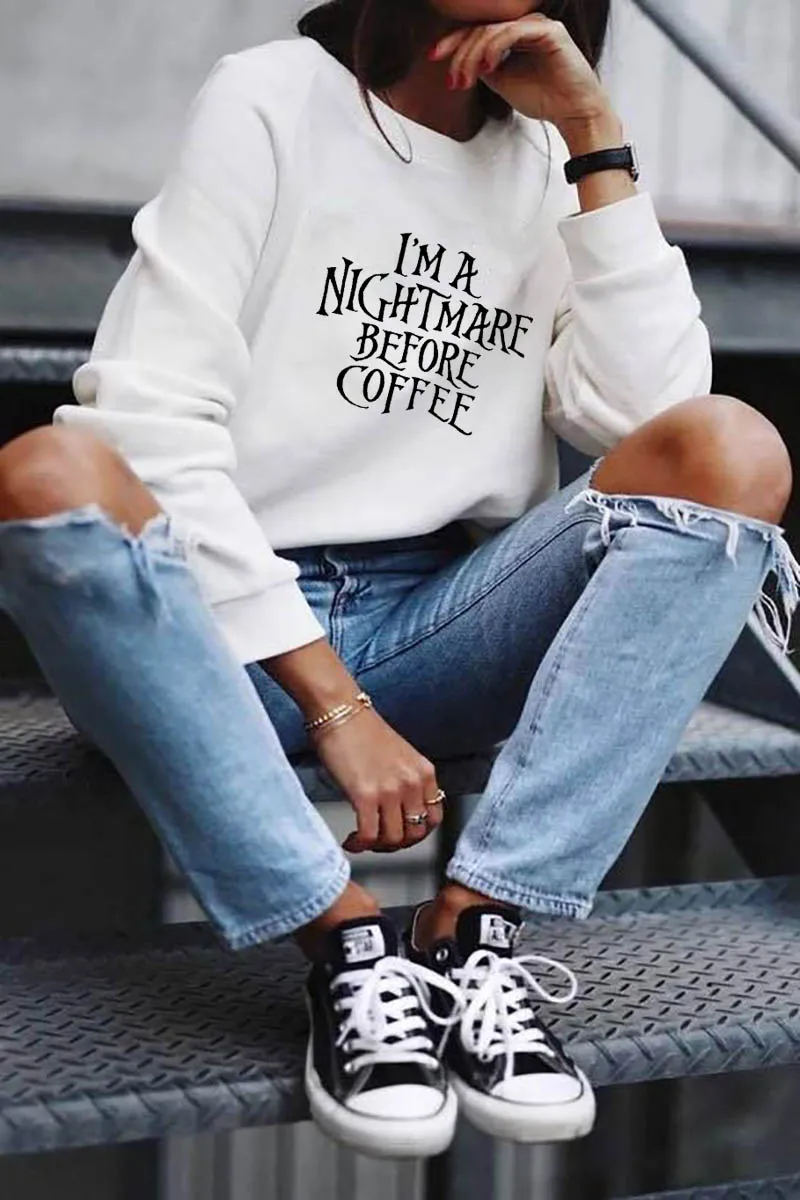 Sweatshirt I'm a nightmare before coffee Printed New Arrival Women's Funny Long Sleeve Tops Christmas Gift for Coffee lovers
Sweatshirt I'm a nightmare before coffee Printed New Arrival Women's Funny Long Sleeve Tops Christmas Gift for Coffee lovers