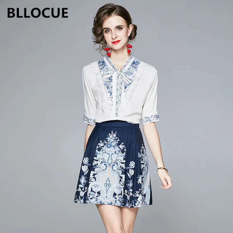 BLLOCUE Summer Elegant Flower Print Office Ladies Suit Women Bowknot Collar Half Sleeve Shirt Top+A-Line Mini Skirt 2Piece Set
BLLOCUE Summer Elegant Flower Print Office Ladies Suit Women Bowknot Collar Half Sleeve Shirt Top+A-Line Mini Skirt 2Piece Set