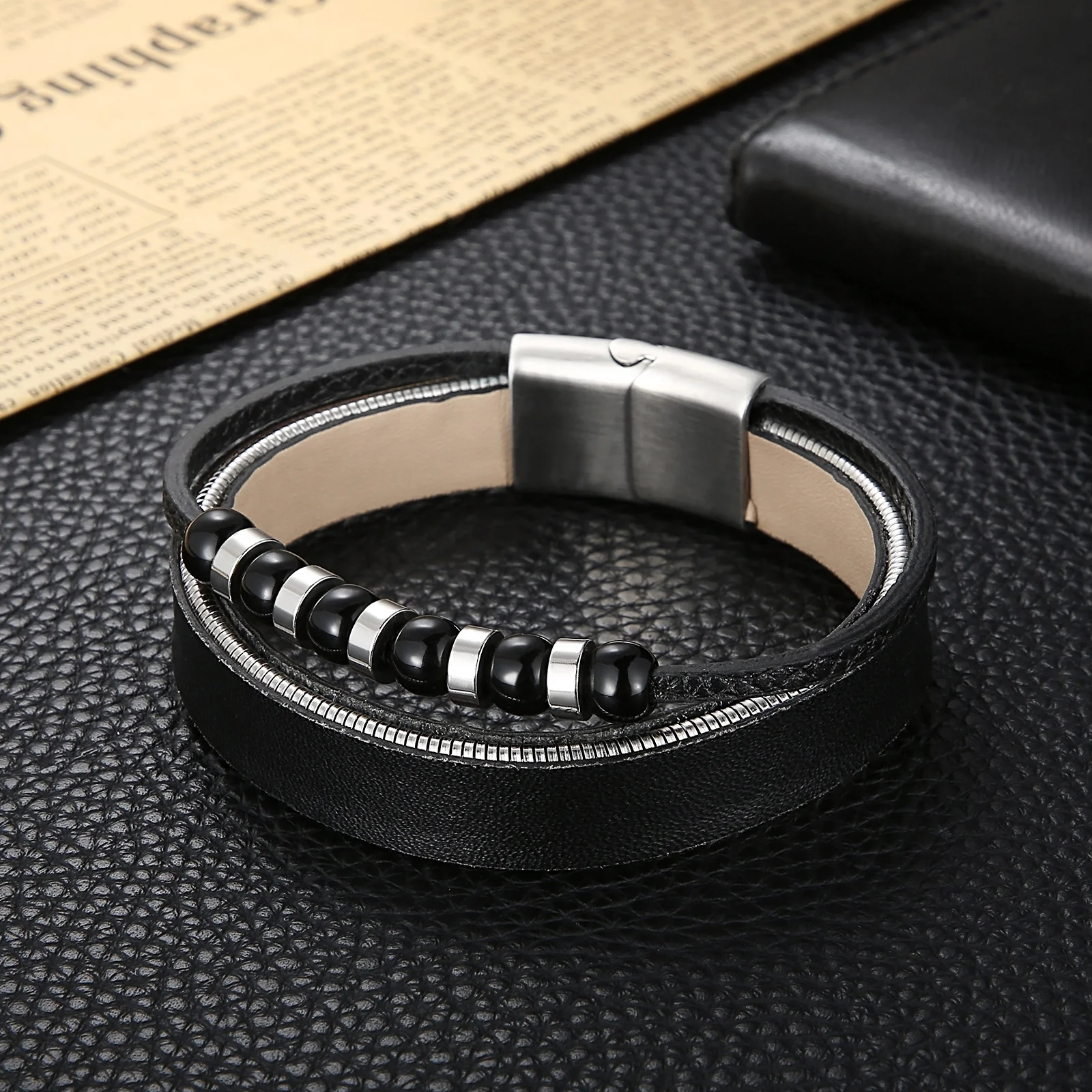 HaoYi Trendy Double Leather Charm Bracelet Black Beaded Accessories Men's Punk Stainless Steel Jewelry
HaoYi Trendy Double Leather Charm Bracelet Black Beaded Accessories Men's Punk Stainless Steel Jewelry