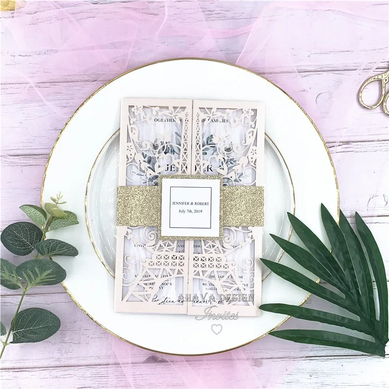 Elegant And Gorgeous Blush Invitation With Laser Cut Wrap And Belly Band, French tTheme
Elegant And Gorgeous Blush Invitation With Laser Cut Wrap And Belly Band, French tTheme