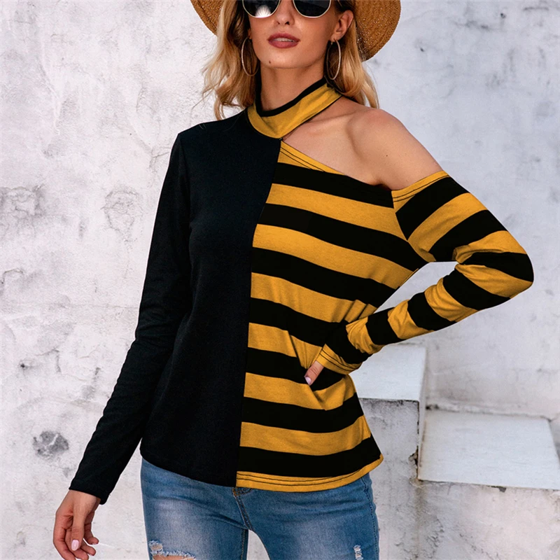 Autumn Patchwork T Shirt Casual Female Loose Top mujer camisetas Striped Cold Shoulder T-shirt Long Sleeve Woman Tops Tee
Autumn Patchwork T Shirt Casual Female Loose Top mujer camisetas Striped Cold Shoulder T-shirt Long Sleeve Woman Tops Tee