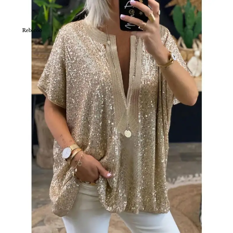 Women Sequins T-Shirt Elegant Summer Casual V Neck Short Sleeve Loose Chic Women's Tee Shirt Gold Sexy T Shirts Sequin Tops
Women Sequins T-Shirt Elegant Summer Casual V Neck Short Sleeve Loose Chic Women's Tee Shirt Gold Sexy T Shirts Sequin Tops
