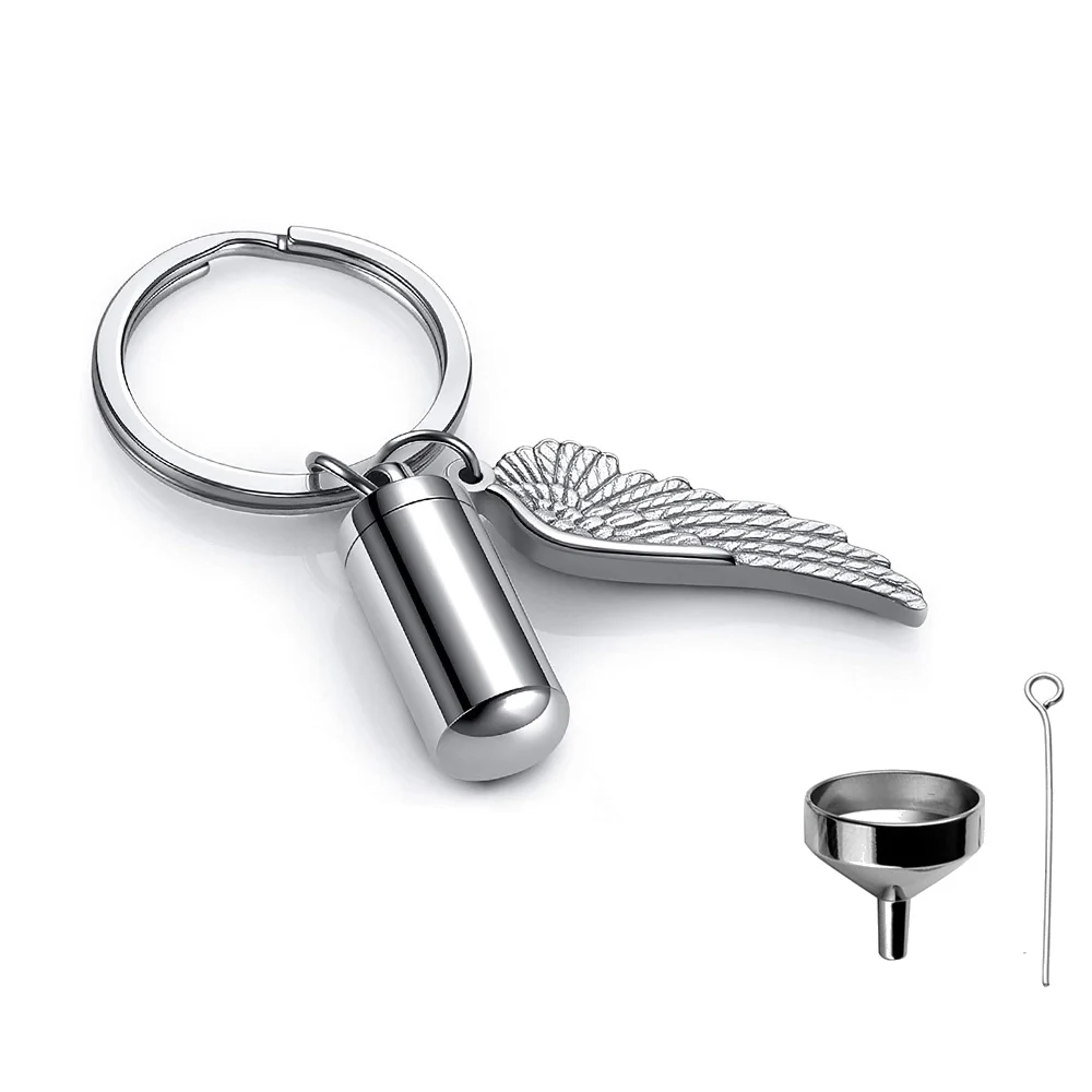 Stainless steel silver cylindrical ashes keychain cremation jewelry for ashes pendant with angel wings urn keepsake gift
Stainless steel silver cylindrical ashes keychain cremation jewelry for ashes pendant with angel wings urn keepsake gift