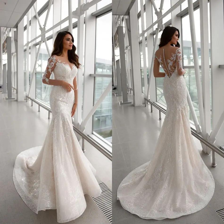 2021 Wedding Dresses Long Sleeves Backless Bridal Gowns Custom Made Lace Appliques Sequins Sweep Train Mermaid Wedding Dress
2021 Wedding Dresses Long Sleeves Backless Bridal Gowns Custom Made Lace Appliques Sequins Sweep Train Mermaid Wedding Dress