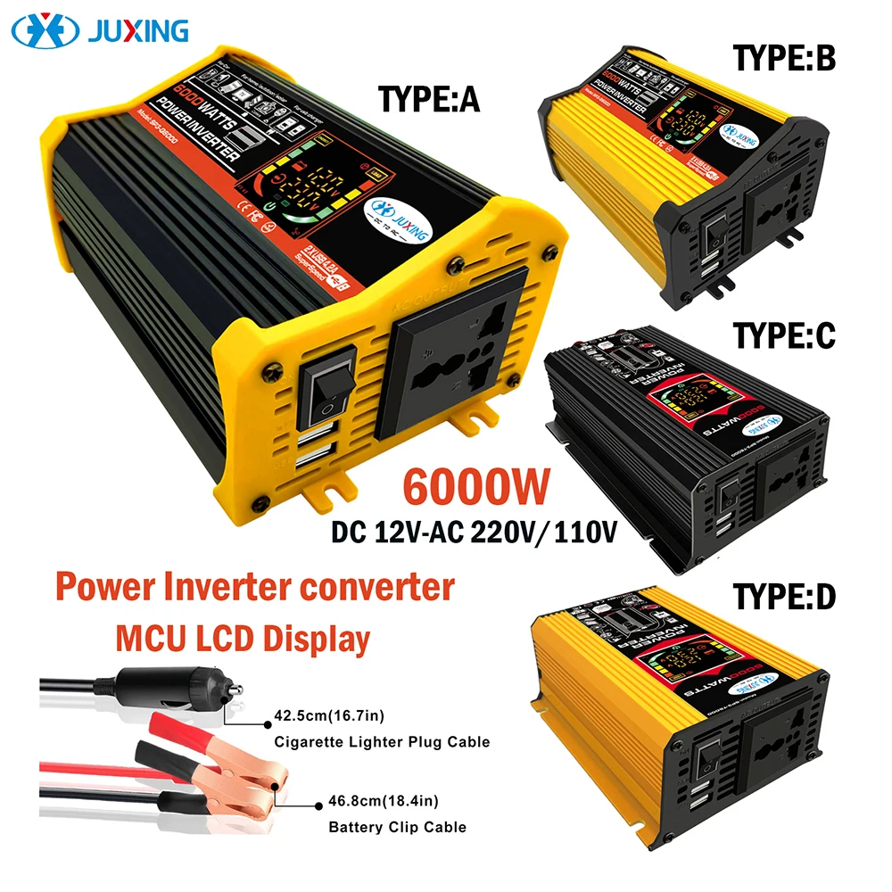 JUXING 6000W Car Power Converter Voltage Transformer DC 12V to AC 220V With Dual USB and AC Output Power Charger Adapter
JUXING 6000W Car Power Converter Voltage Transformer DC 12V to AC 220V With Dual USB and AC Output Power Charger Adapter