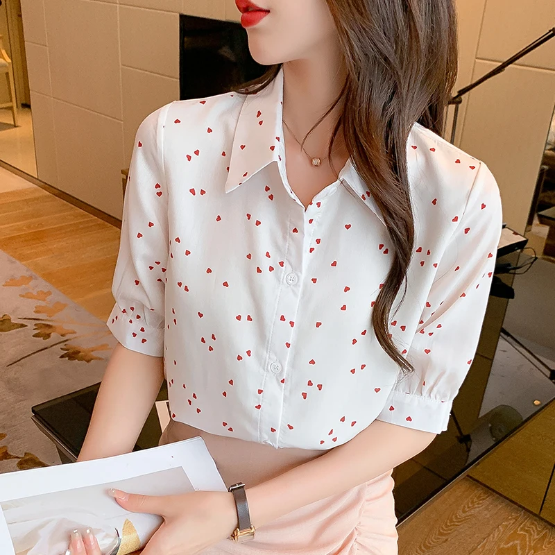 Chiffon Blouses Short Sleeves Shirt 2021 Summer fashion Simplicity Love Printing Female Polo Collar Korean Shirts Womens Tops
Chiffon Blouses Short Sleeves Shirt 2021 Summer fashion Simplicity Love Printing Female Polo Collar Korean Shirts Womens Tops