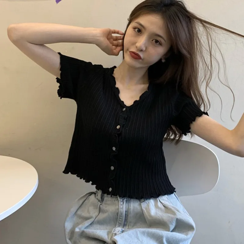 Women's Fashion T-shirts V-neck Button Short Section Knitted Short T Shirt Tops Solid Tees
Women's Fashion T-shirts V-neck Button Short Section Knitted Short T Shirt Tops Solid Tees