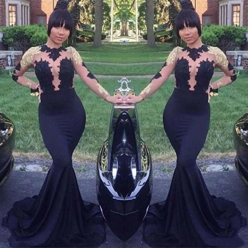 New Black Mermaid Evening Dresses Prom Party Gown Trumpet Formal Gown Elastic Satin Applique Custom High Neck Long Sleeve
New Black Mermaid Evening Dresses Prom Party Gown Trumpet Formal Gown Elastic Satin Applique Custom High Neck Long Sleeve