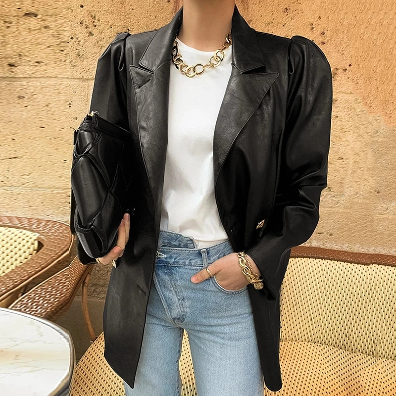 Women Long-sleeved Double Breasted Suit Casual Loose PU Leather Jacket Overcoat
Women Long-sleeved Double Breasted Suit Casual Loose PU Leather Jacket Overcoat