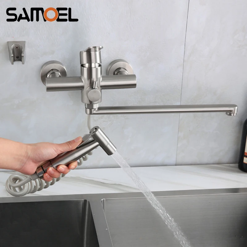 Stainless Steel Brushed Wall-mounted Dual Hole Multifunctional Kitchen Sink and Bathtub Faucet Mixer Tap With Long Spout BF1031
Stainless Steel Brushed Wall-mounted Dual Hole Multifunctional Kitchen Sink and Bathtub Faucet Mixer Tap With Long Spout BF1031