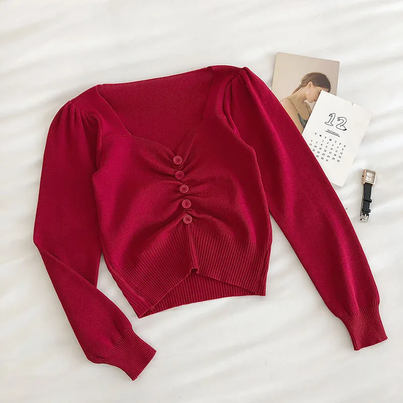 New Long-sleeved Short Female Top Women's Spring Autumn Tops Korean Style The V-neck Pleated Button Knitted Sweaters
New Long-sleeved Short Female Top Women's Spring Autumn Tops Korean Style The V-neck Pleated Button Knitted Sweaters