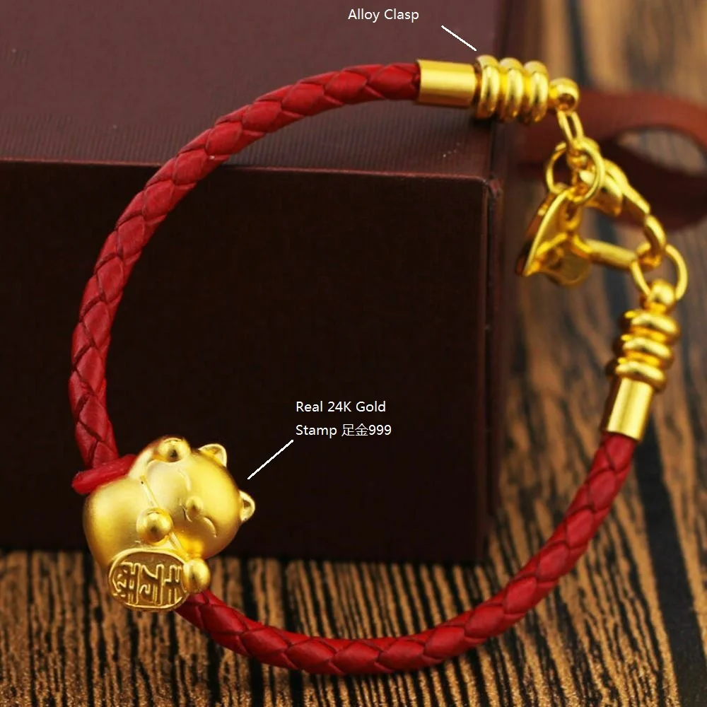 Genuine 24K Yellow Gold Lovely Cat with Red Leather Bracelet Length from 5" to 15"
Genuine 24K Yellow Gold Lovely Cat with Red Leather Bracelet Length from 5" to 15"