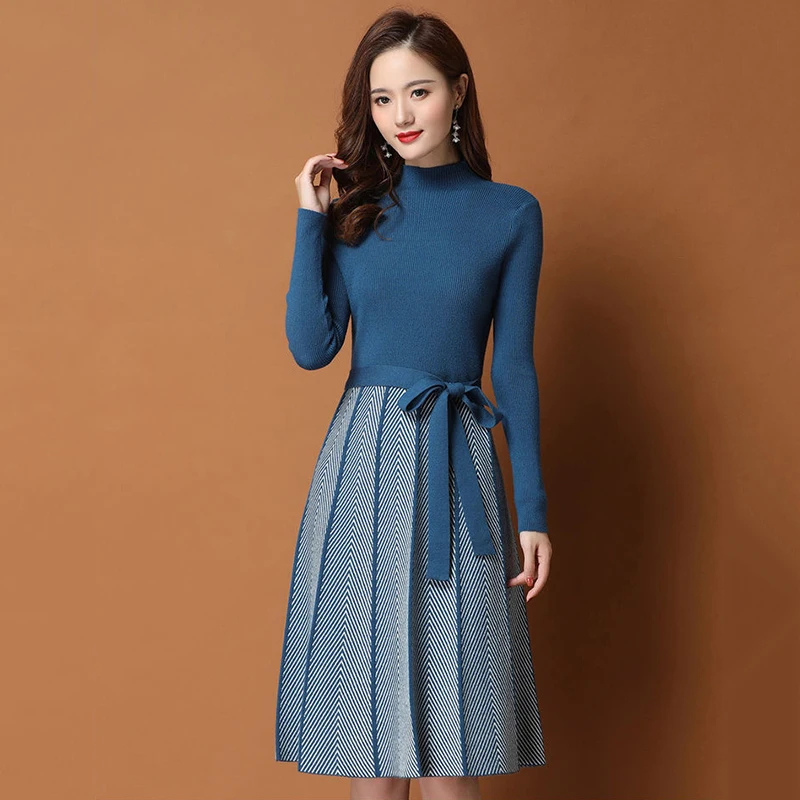 Women Pleated Autumn Winter hem striped printed Sweater Dress elegant Female A-Line Dresses Soft Rib Knitted dresses with belt
Women Pleated Autumn Winter hem striped printed Sweater Dress elegant Female A-Line Dresses Soft Rib Knitted dresses with belt