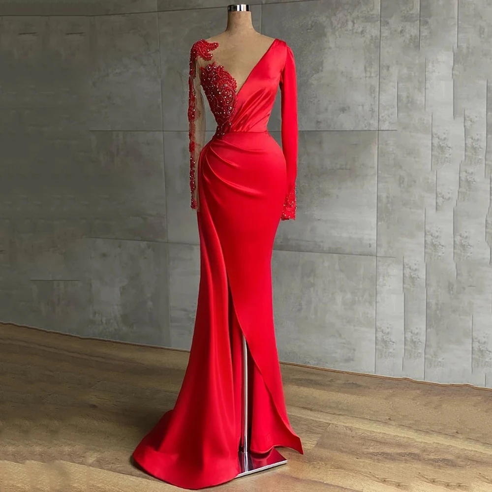 Red Mermaid Evening Dress for Women Satin Long Sleeves Beading Stones V Neck Party Formal Occasion Elegantes Mujer Vestidos 2023
Red Mermaid Evening Dress for Women Satin Long Sleeves Beading Stones V Neck Party Formal Occasion Elegantes Mujer Vestidos 2023