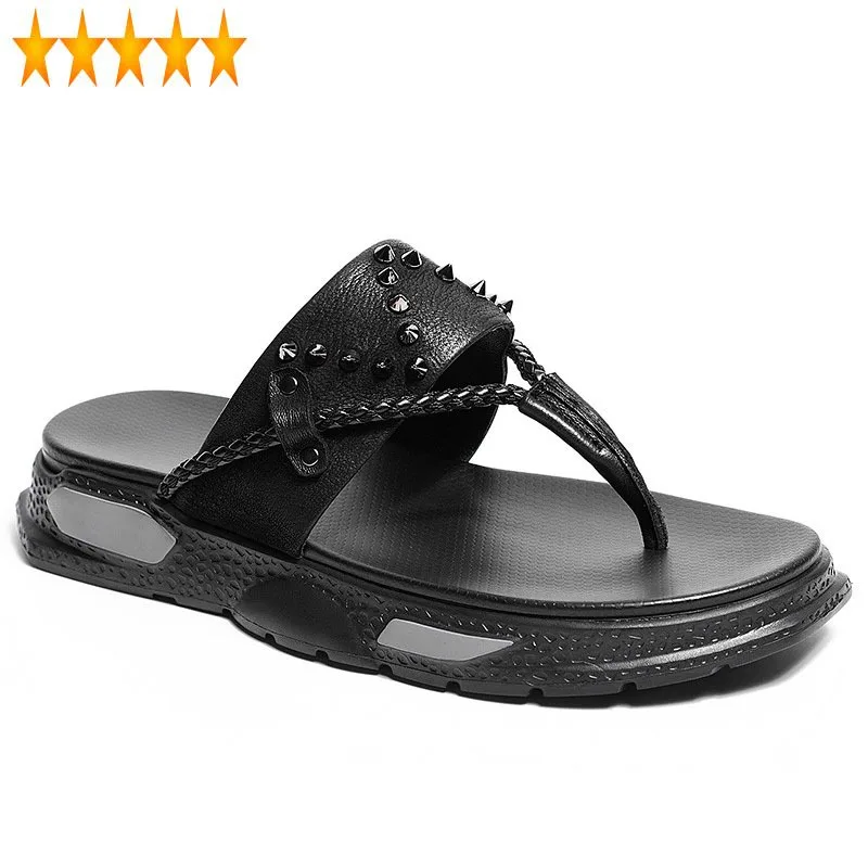 Outside Summer Flip Flops Men Platform 100% Genuine Leather Black Slippers Fashion Rivet Flat Shoes Mens Casual Beach Slipper
Outside Summer Flip Flops Men Platform 100% Genuine Leather Black Slippers Fashion Rivet Flat Shoes Mens Casual Beach Slipper