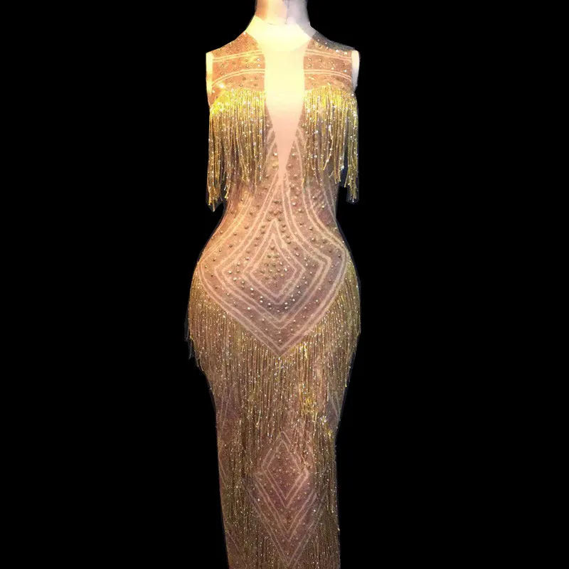 Sparkling Gold Rhinestone Tassel Evening Party Dress Women Sexy Sleeveless Prom Bodycon Dress Singer Long Dress Performance Wear
Sparkling Gold Rhinestone Tassel Evening Party Dress Women Sexy Sleeveless Prom Bodycon Dress Singer Long Dress Performance Wear