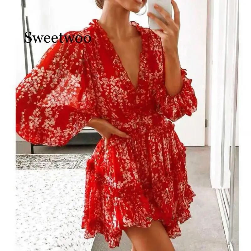 Women dresses Sexy v-neck backless dress printed Elegant lantern sleeve ruffle dresses summer holiday mini dress Vestido 2020
Women dresses Sexy v-neck backless dress printed Elegant lantern sleeve ruffle dresses summer holiday mini dress Vestido 2020
