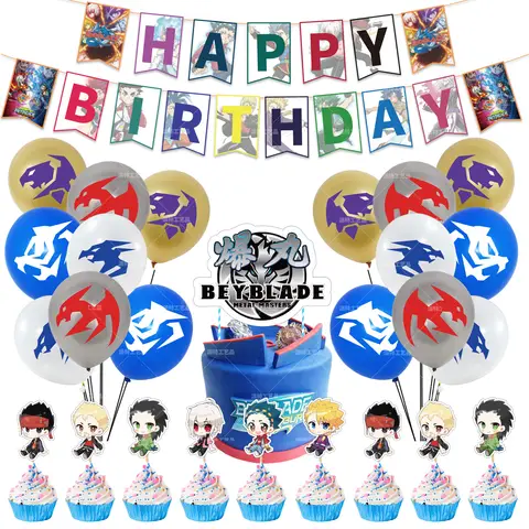 1set Burst Beybladed Latex Balloons Bakugan Happy Birthday Banner Flag Cake Topper Party Decorations Boys Favor Toy Kids Ballons
