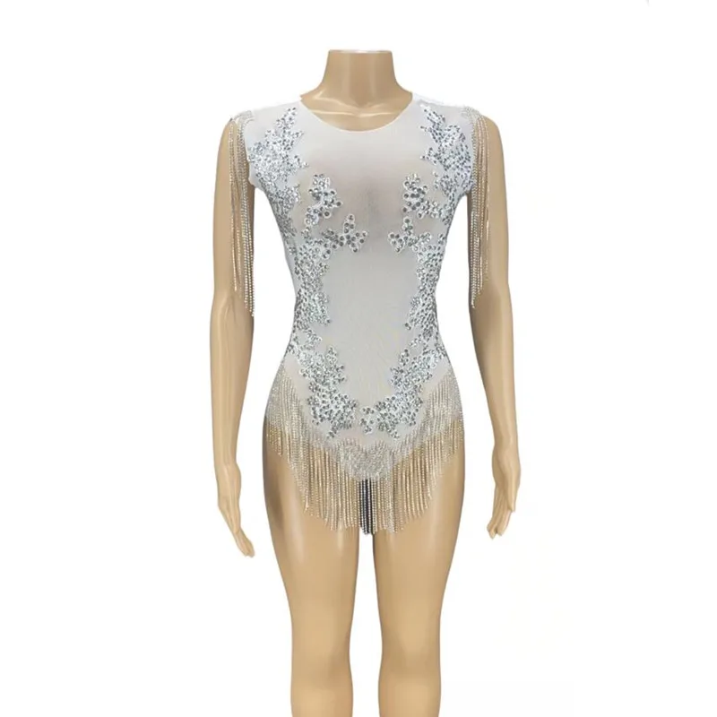Sexy Stage Silver Rhinestone Fringes Transparent Bodysuit Dancer Chain Outfit Birthday Nightclub Gogo DJ Bar Prom Show Outfit
Sexy Stage Silver Rhinestone Fringes Transparent Bodysuit Dancer Chain Outfit Birthday Nightclub Gogo DJ Bar Prom Show Outfit