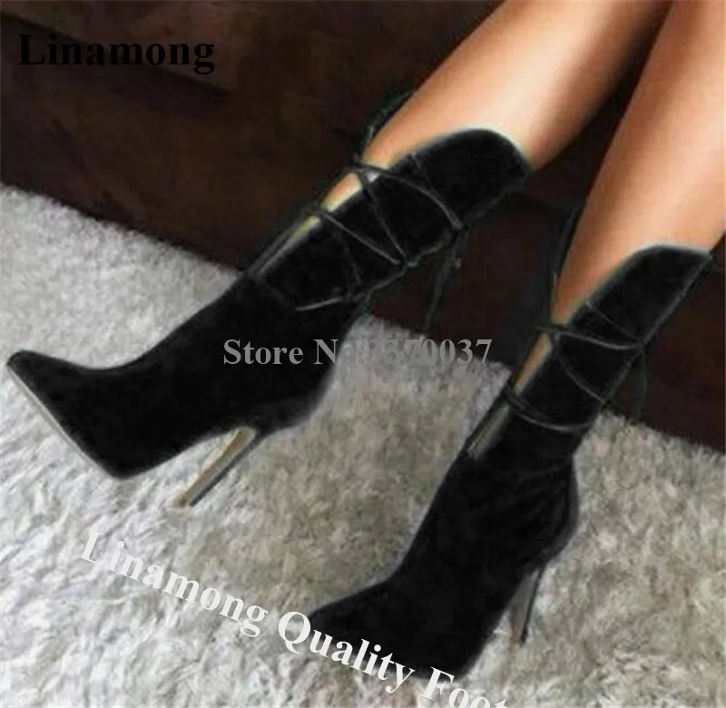Linamong Fashion Pointed Toe Suede Mid-calf Stiletto Heel Gladiator Boots Cut-out Straps Cross Black Green High Heel Boots
Linamong Fashion Pointed Toe Suede Mid-calf Stiletto Heel Gladiator Boots Cut-out Straps Cross Black Green High Heel Boots