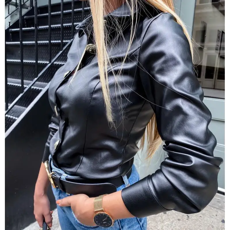 Solid Black Pu Leather T Shirt Women Single Breasted Slim Tshirt Streetwear Autumn Fashion Leather Tops Blusa Mujer
Solid Black Pu Leather T Shirt Women Single Breasted Slim Tshirt Streetwear Autumn Fashion Leather Tops Blusa Mujer