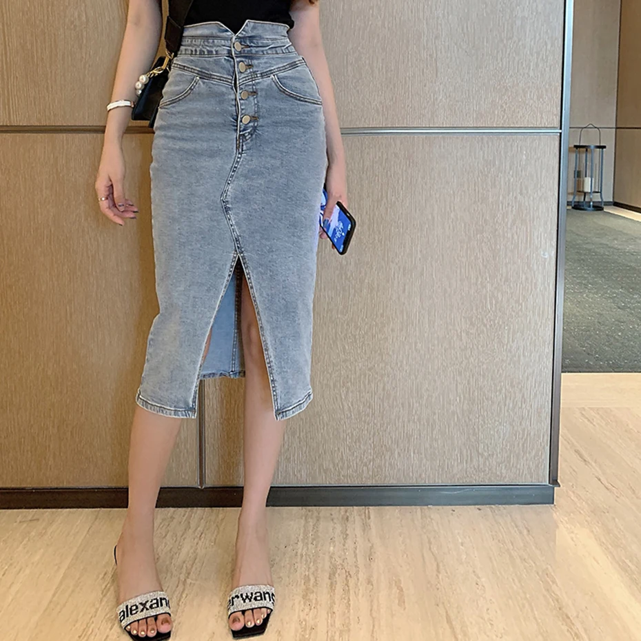 Vintage High Elastic High Waist Jeans Skirts Women Sexy Split Mid-length Skirts Front Button Slim Autumn Saia Denim
Vintage High Elastic High Waist Jeans Skirts Women Sexy Split Mid-length Skirts Front Button Slim Autumn Saia Denim