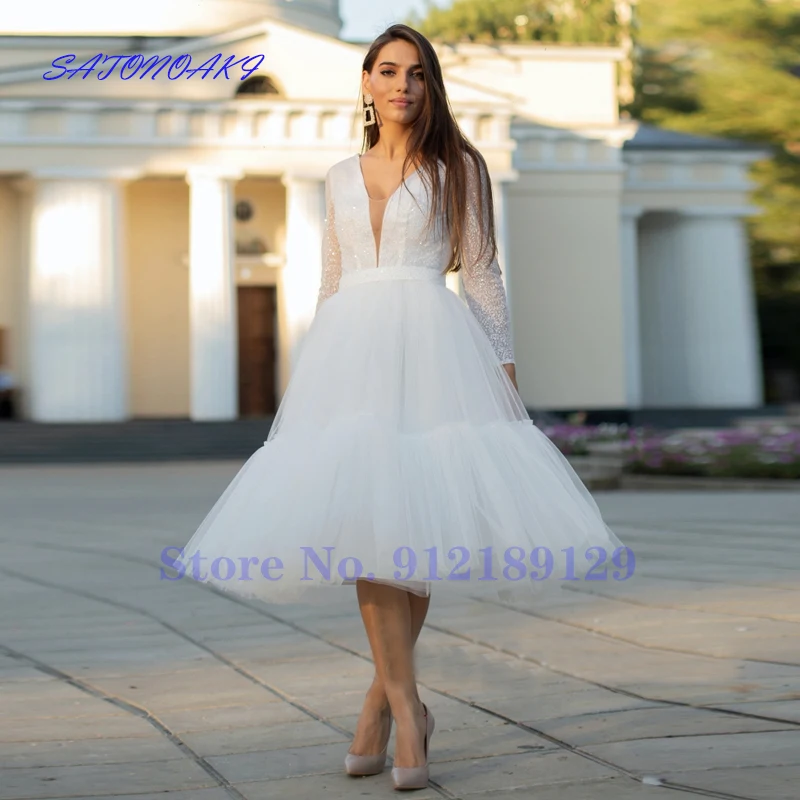 Vestidos De Novia Charming Short Wedding Dresses Long Sleeves V Neck Sequined Bridal Gowns for Bride Tea Length Robe De Mariée
Vestidos De Novia Charming Short Wedding Dresses Long Sleeves V Neck Sequined Bridal Gowns for Bride Tea Length Robe De Mariée