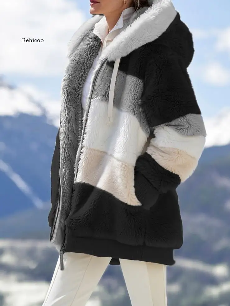 Winter Women's Coat Fashion Casual Stitching Plaid Ladies Clothes Hooded Zipper Ladies Coat Lamb Hair Women Jacket
Winter Women's Coat Fashion Casual Stitching Plaid Ladies Clothes Hooded Zipper Ladies Coat Lamb Hair Women Jacket