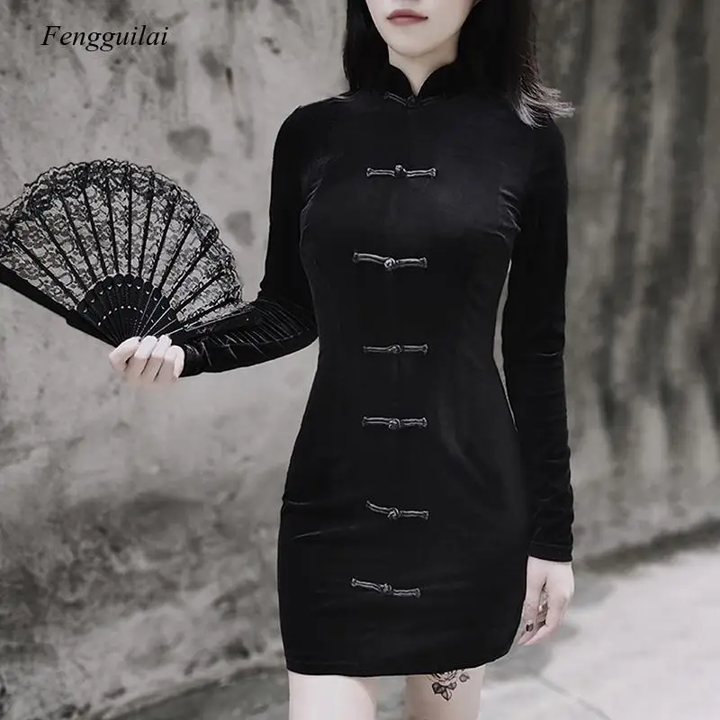 Women Retro Punk Street Wear Black Vintage Long Sleeve Party Female Chinese Cheongsam Dresses
Women Retro Punk Street Wear Black Vintage Long Sleeve Party Female Chinese Cheongsam Dresses