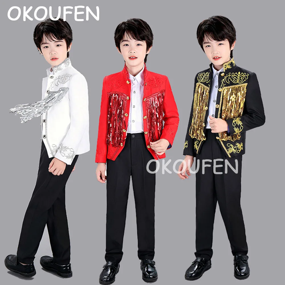 Boys tide Sequins Tassel Embroidery Banquet Dress Wear children's costume suit piano performance prince stage catwalk jacket
Boys tide Sequins Tassel Embroidery Banquet Dress Wear children's costume suit piano performance prince stage catwalk jacket