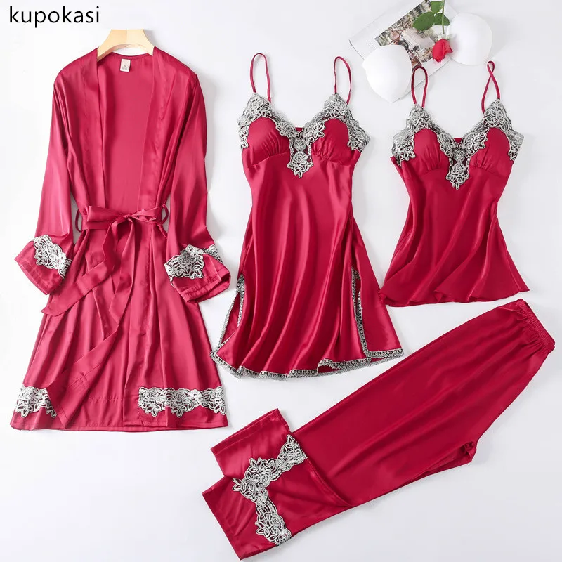Kupokasi 4 Pieces Women Pajamas Sets Ice Silk Pyjamas Sleepwear Suit Elegan Sexy Lace Fashion Spring Autumn Homewear Robe
Kupokasi 4 Pieces Women Pajamas Sets Ice Silk Pyjamas Sleepwear Suit Elegan Sexy Lace Fashion Spring Autumn Homewear Robe