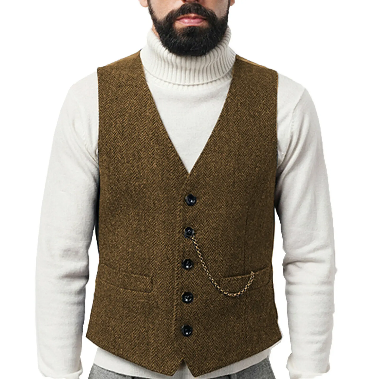 Men's Vest Black V Neck Wedding Herringbone Tweed Male Gentleman Business Waistcoat Brown Slim Fit Grooms Vests for Men 2022
Men's Vest Black V Neck Wedding Herringbone Tweed Male Gentleman Business Waistcoat Brown Slim Fit Grooms Vests for Men 2022