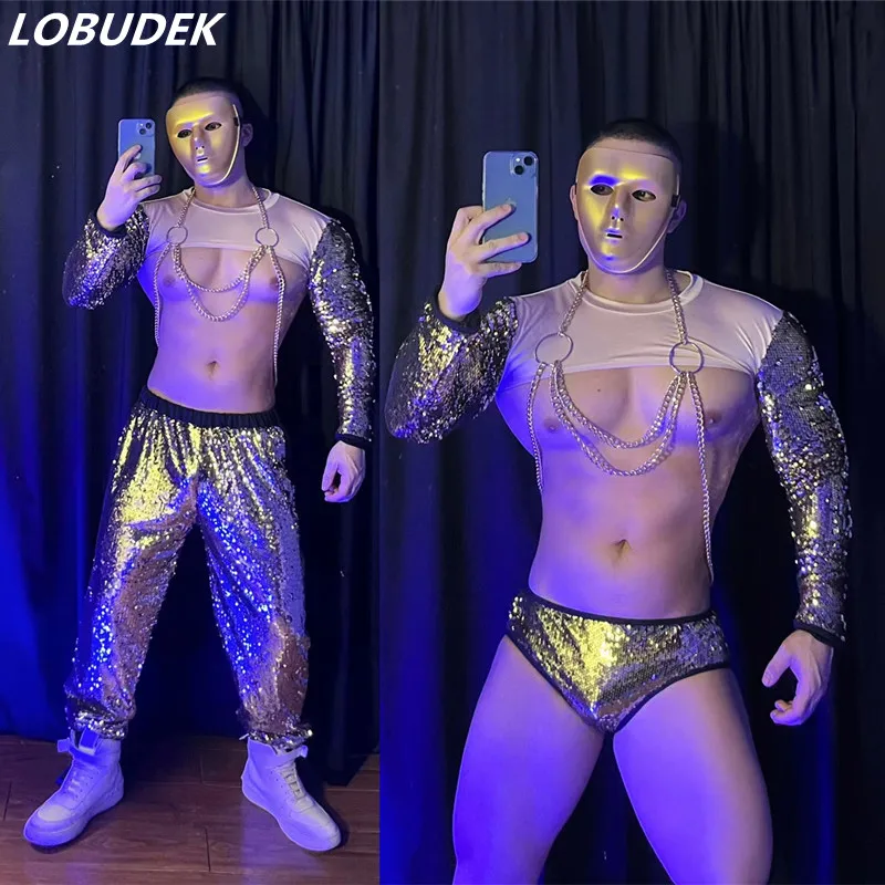 Club Party Show Rave Outfit Male Sexy Stage Wear Gold Sequin Tops Pants Performance Clothes Nightclub Bar DJ Dancer Gogo Costume
Club Party Show Rave Outfit Male Sexy Stage Wear Gold Sequin Tops Pants Performance Clothes Nightclub Bar DJ Dancer Gogo Costume