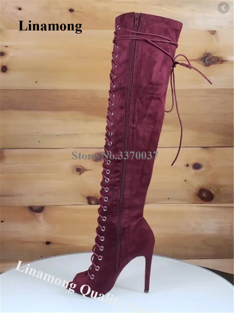 Women New Fashion Peep Toe Suede Leather Stiletto Heel Knee High Gladiator Boots Lace-up Long High Heel Boots Formal Dress Heels
Women New Fashion Peep Toe Suede Leather Stiletto Heel Knee High Gladiator Boots Lace-up Long High Heel Boots Formal Dress Heels