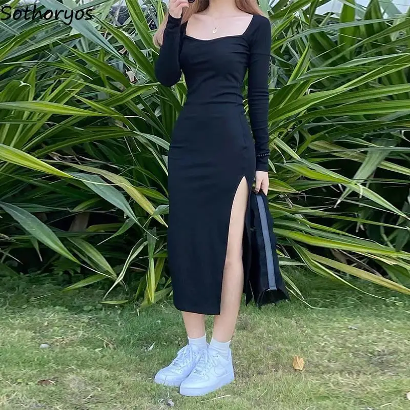 Casual Women Side-slit Long Sleeve Dress Sexy Sheath European Style Slim Hipsters Streetwear Solid Square Collar Simple Fashion
Casual Women Side-slit Long Sleeve Dress Sexy Sheath European Style Slim Hipsters Streetwear Solid Square Collar Simple Fashion