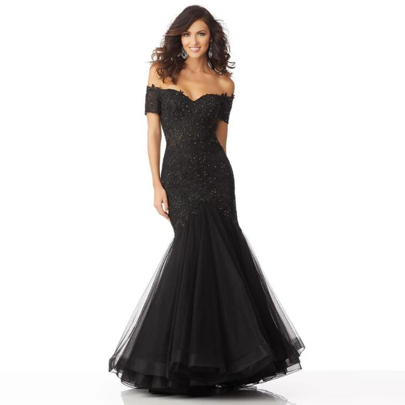 New Elegant Black Mermaid Mother of the Bride Dresses Lace Off Shoulder Short Sleeve Wedding Guest Gowns Beaded Full Length
New Elegant Black Mermaid Mother of the Bride Dresses Lace Off Shoulder Short Sleeve Wedding Guest Gowns Beaded Full Length
