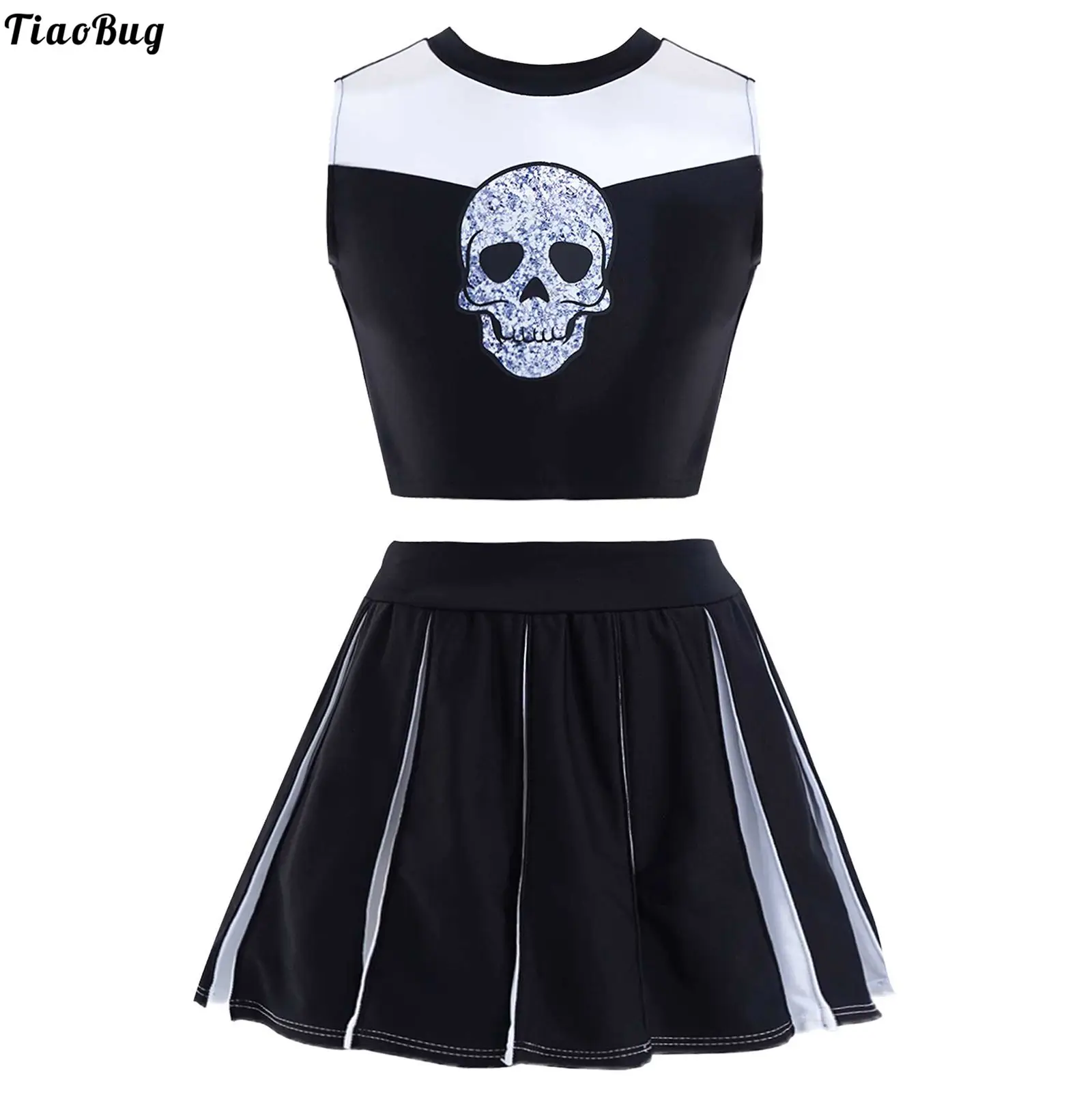 Kids Girls Stylish Dance Halloween Theme Party Clothes Set Sleeveless Round Neck Skull Pattern Print Crop Top With Pleated Skirt
Kids Girls Stylish Dance Halloween Theme Party Clothes Set Sleeveless Round Neck Skull Pattern Print Crop Top With Pleated Skirt
