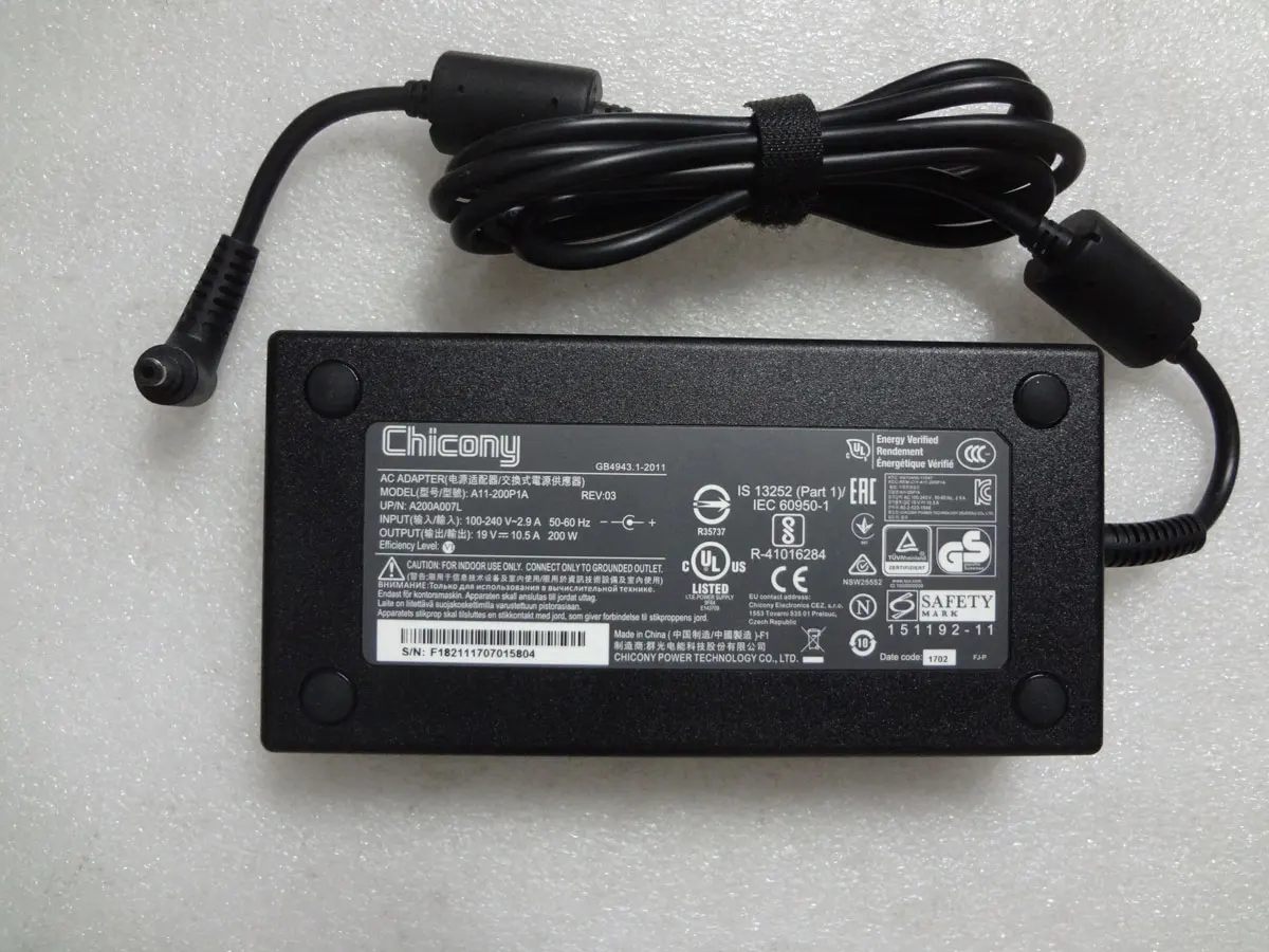 NEW OEM Chicony 19V 10.5A 200W A11-200P1A 5.5mm AC Adapter For Clevo PA71HP PA71HP6-G Original Charger
NEW OEM Chicony 19V 10.5A 200W A11-200P1A 5.5mm AC Adapter For Clevo PA71HP PA71HP6-G Original Charger