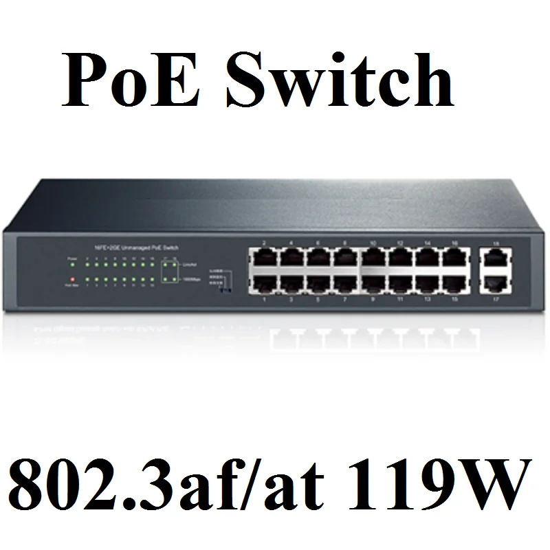 Max PoE 119W 16 ports PoE Switch with 16PoE ports power to IP camera,wireless AP,16-port PoE Switch, 2* uplink RJ45 Gigabit Port
Max PoE 119W 16 ports PoE Switch with 16PoE ports power to IP camera,wireless AP,16-port PoE Switch, 2* uplink RJ45 Gigabit Port